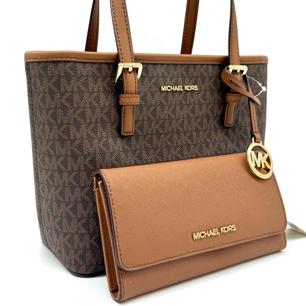 Michael Kors JST XS Logo TZ Tote Bag & Matching Trifold Wallet Signature Brown